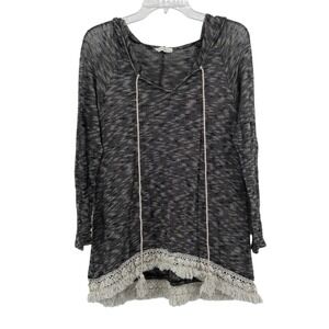 Entro Knit Top Hooded Black Womens Boho Peasant Flowy Crochet Fringe Size Medium